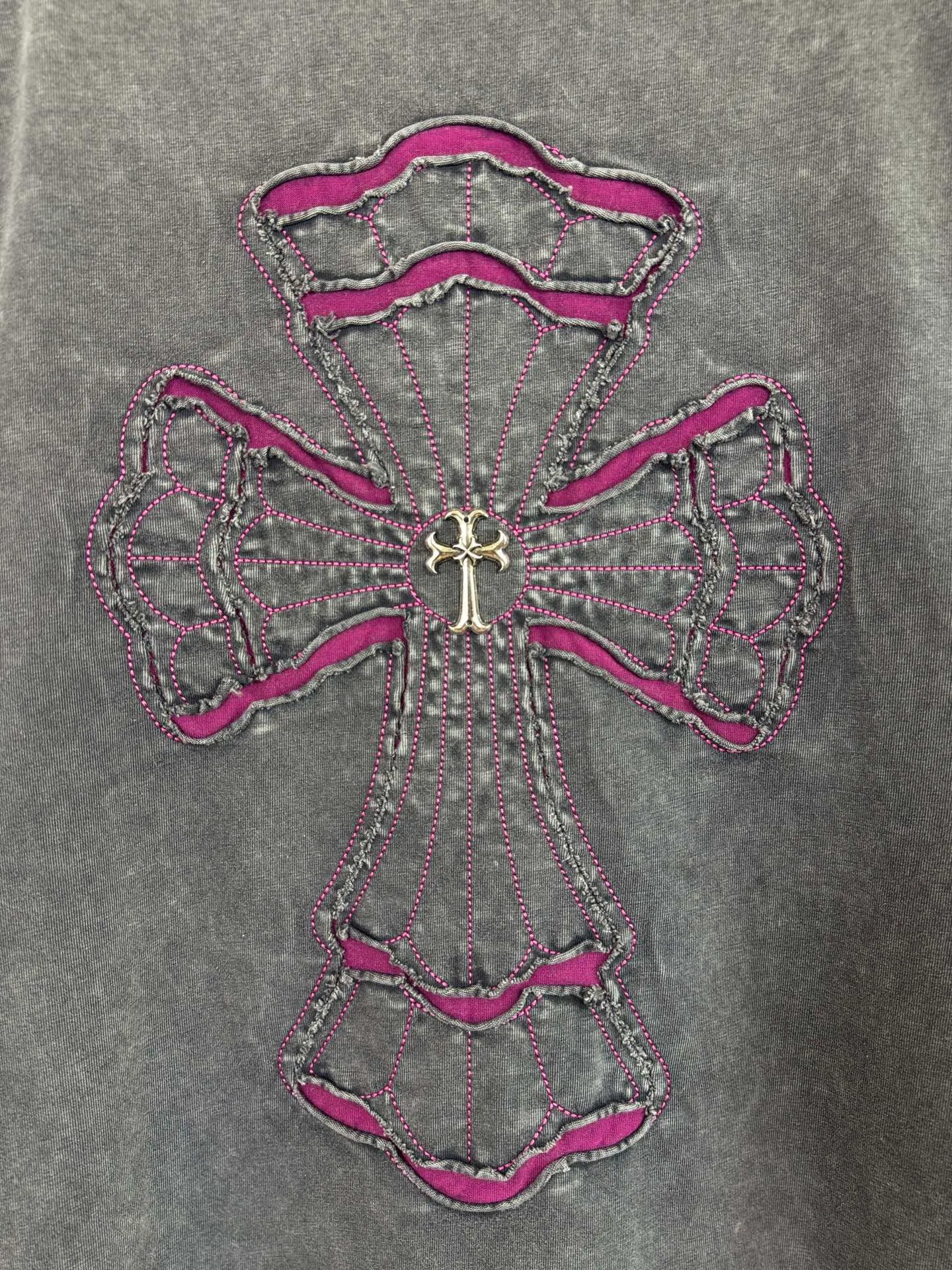 P230 ch high version Chrome Hearts 2025 spring and summer new cross patch washed short-sleeved T-shirt, fabric: 26 double yarns, 320 grams weight, cross patch embroidery, heavy washing Printing process: patch embroidery Color: blue gray Size: S M L XL Style number: 5163